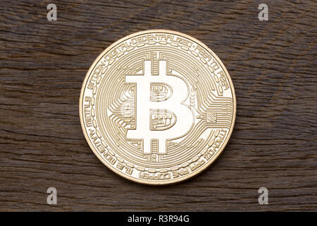 Close up of golden bitcoin, macro shot.  Stock Photo