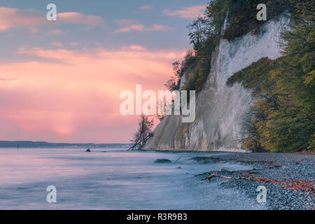 Chalk cliffs at sunrise on the Baltic Sea with stony natural beach in autumn with dramatic reddish clouds in nature parkland Jasmund Stock Photo