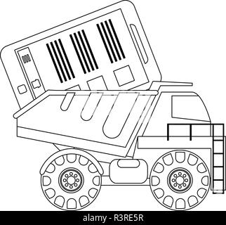 Construction truck loading smartphone in black and white Stock Vector