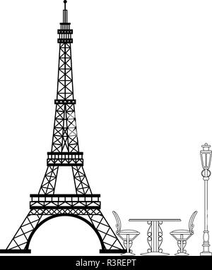 Vintage table and chair on eiffel tower in black and white Stock Vector