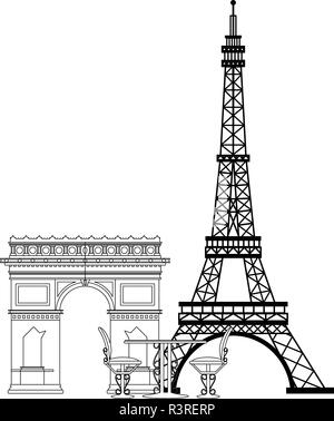 Vintage table and chair on eiffel tower in black and white Stock Vector