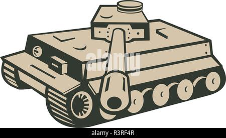 Retro style illustration of a German world war two panzer battle tank aiming towards viewer on isolated background. Stock Vector