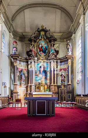 Vertical view of the interior altar, vestibule of an historical German Catholic Church Stock Photo