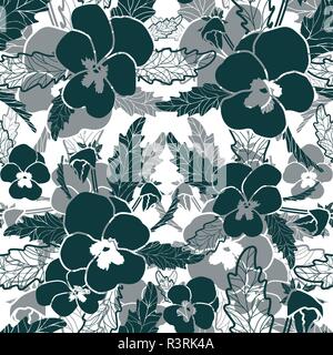 Green pansy silhouettes white background seamless vector pattern. Stock Vector
