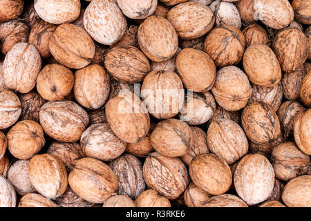 pile of walnuts in shell close up as background Stock Photo