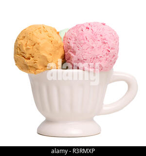 Ceramic bowl of various colorful ice cream balls isolated on white background. From side view. Stock Photo