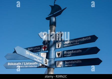 Iceland, West Fjords, Isafjordur. Historic Old Town, directional street sign. Stock Photo