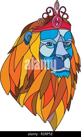 Mosaic low polygon style illustration of a lion with big mane wearing a tiara crown viewed from front on isolated white background in color. Stock Vector