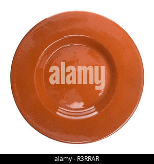 Red ceramic plate isolated on white background. Stock Photo
