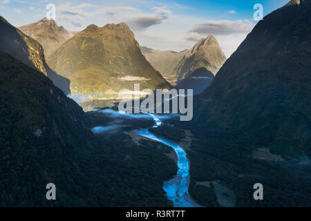 New Zealand, South Island, Fjordland National Park, Aerial view of Milford Sound Stock Photo