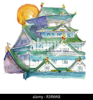 Watercolour hand drawn illustration of traditional old Japan castle lokated in Hiroshima, well for print on tourist goods. Stock Photo