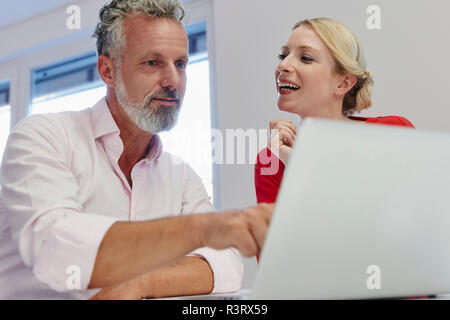 Two colleagues working on laptop at desk in office Stock Photo