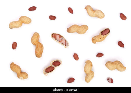 Peanuts with shells isolated on white background, top view. Flat lay pattern Stock Photo