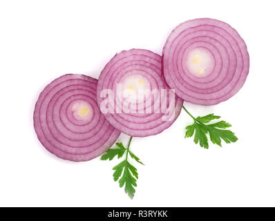 Top view of red or magenta onion slices in ring shape and stack is ...