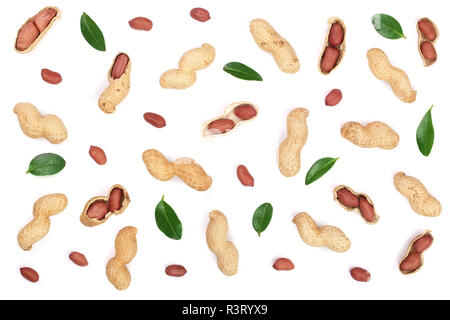 Peanuts with shells isolated on white background, top view. Flat lay pattern Stock Photo