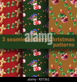 3 seamless Merry Christmas patterns. Stock Vector