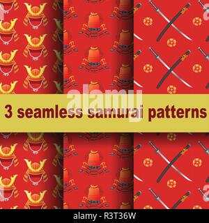 3 seamless samurai patterns. Stock Vector