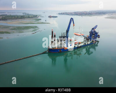 Indonesia, Bali, Aerial view of ship for petroleum production Stock Photo