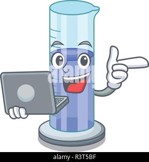 With laptop graduated cylinder with on mascot liquid Stock Vector