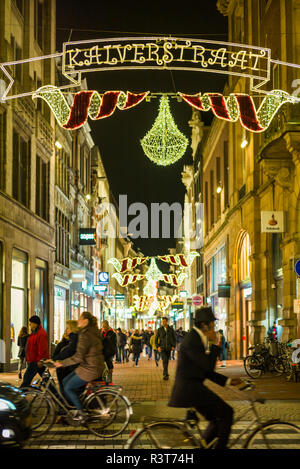 Netherlands, Amsterdam. Kalverstraat street, Holiday decorations Stock Photo