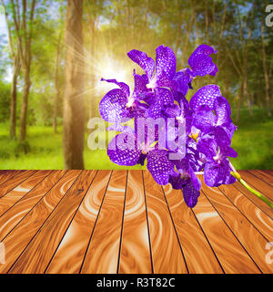 Violet orchid flower on wood plank with colorful blur nature background Stock Photo