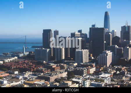 Beautiful super wide-angle aerial view of San Francisco, California, with Bay Bridge, Downtown, Ferry Market, and skyline scenery beyond the city, see Stock Photo