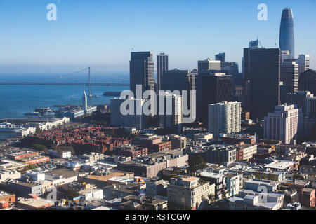 Beautiful super wide-angle aerial view of San Francisco, California, with Bay Bridge, Downtown, Ferry Market, and skyline scenery beyond the city, see Stock Photo