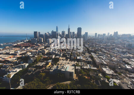 Beautiful super wide-angle aerial view of San Francisco, California, with Bay Bridge, Downtown, Ferry Market, and skyline scenery beyond the city, see Stock Photo