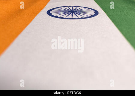 Closeup of National Indian Flags Ashoka Chakra - Tricolor Stock Photo
