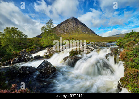 United Kingdom, Scotland, Glencoe, Highlands, Glen Coe, Coupall Falls of River Coupall with mountain Buachaille Etive Mor in background