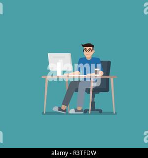 Young man with glasses in casual clothes working on desktop computer at desk in flat style Stock Vector