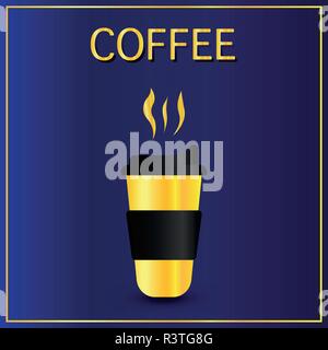Cofee cup icon flat. Simple gold pictogram on dark blue background. Vector illustration symbol Stock Vector