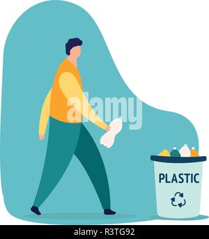 Caucasian person man throwing a plastic bottle waste in garbage bin. Isolated flat vector trash illustration on white background. Rubish recycling concept. Stock Vector
