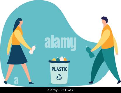 Vector creative illustration of business graphics, the employee is engaged in the processing of garbage, flat colored icons, protection of the environment, small people are throwing garbage Stock Vector