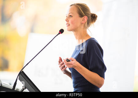Pretty, young business woman giving a presentation in a conference/meeting setting (shallow DOF  color toned image) Stock Photo