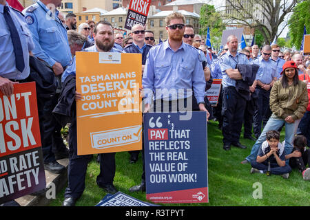 Public servants, prison officers, teachers, nurses and health workers demonstarte for pay rises outside Prliament House in Hobart, Tasmania