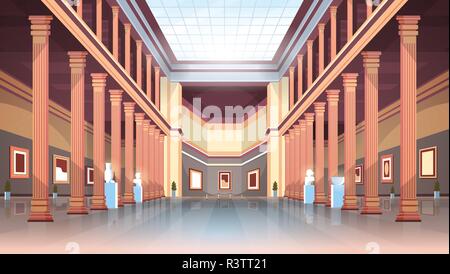 classic historic museum art gallery hall with columns and glass ceiling interior ancient exhibits and sculptures collection flat horizontal Stock Vector