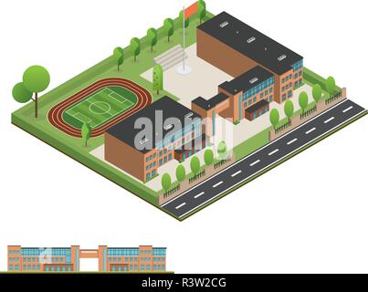 3D modern office or school building and environment with tree, fence and roads, Isometric of university or modern building and architecture, Flat offi Stock Vector