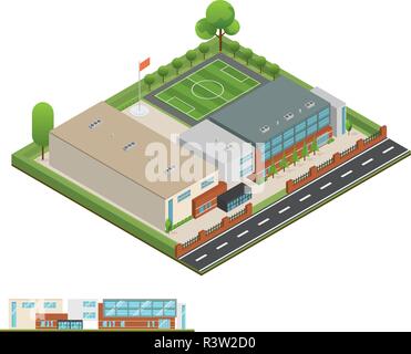 Isometric icon of 3d school building green trees and bench isolated ...