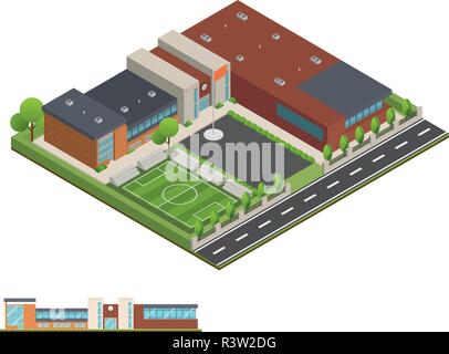 3D modern office or school building and environment with tree, fence and roads, Isometric of university or modern building and architecture, Flat offi Stock Vector