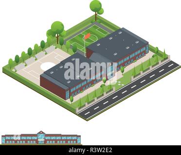 3D modern office or school building and environment with tree, fence and roads, Isometric of university or modern building and architecture, Flat offi Stock Vector
