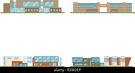Set of modern office or school building and environment with tree, fence and roads, Isometric of university or modern building and architecture, Flat  Stock Vector