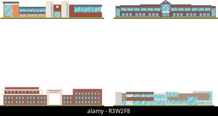 Set of modern office or school building and environment with tree, fence and roads, Isometric of university or modern building and architecture, Flat  Stock Vector