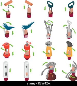 Corkscrew wine cork opener icons set. Isometric illustration of 16 corkscrew wine cork opener vector icons for web Stock Vector