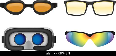 Goggles ski glass mask icons set. Realistic illustration of 4 goggles ski glass mask vector icons for web Stock Vector