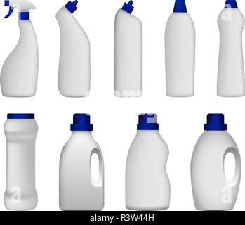 Detergent bottle cleaning powder washing mockup set. Realistic illustration of 9 detergent bottle cleaning powder washing mockups for web Stock Vector