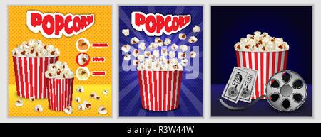 Popcorn cinema box striped banner concept set. Realistic illustration of 3 popcorn cinema box striped banner horizontal concepts for web Stock Vector
