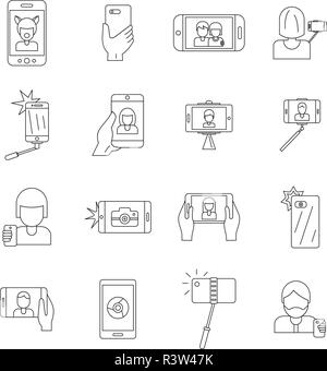 Selfie video photo people posing icons set. Outline illustration of 16 selfie video photo people posing vector icons for web Stock Vector