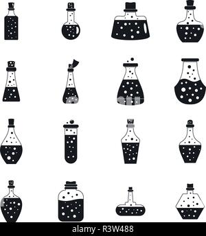 Potion magic bottle icons set. Simple illustration of 16 potion magic bottle vector icons for web Stock Vector