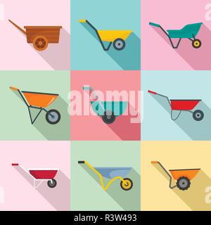Wheelbarrow garden plant yard icons set. Flat illustration of 9 wheelbarrow garden plant yard vector icons for web Stock Vector